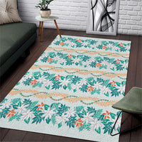 Monstera Tiare Plumeria Lei Pattern Area Rug Teal Version