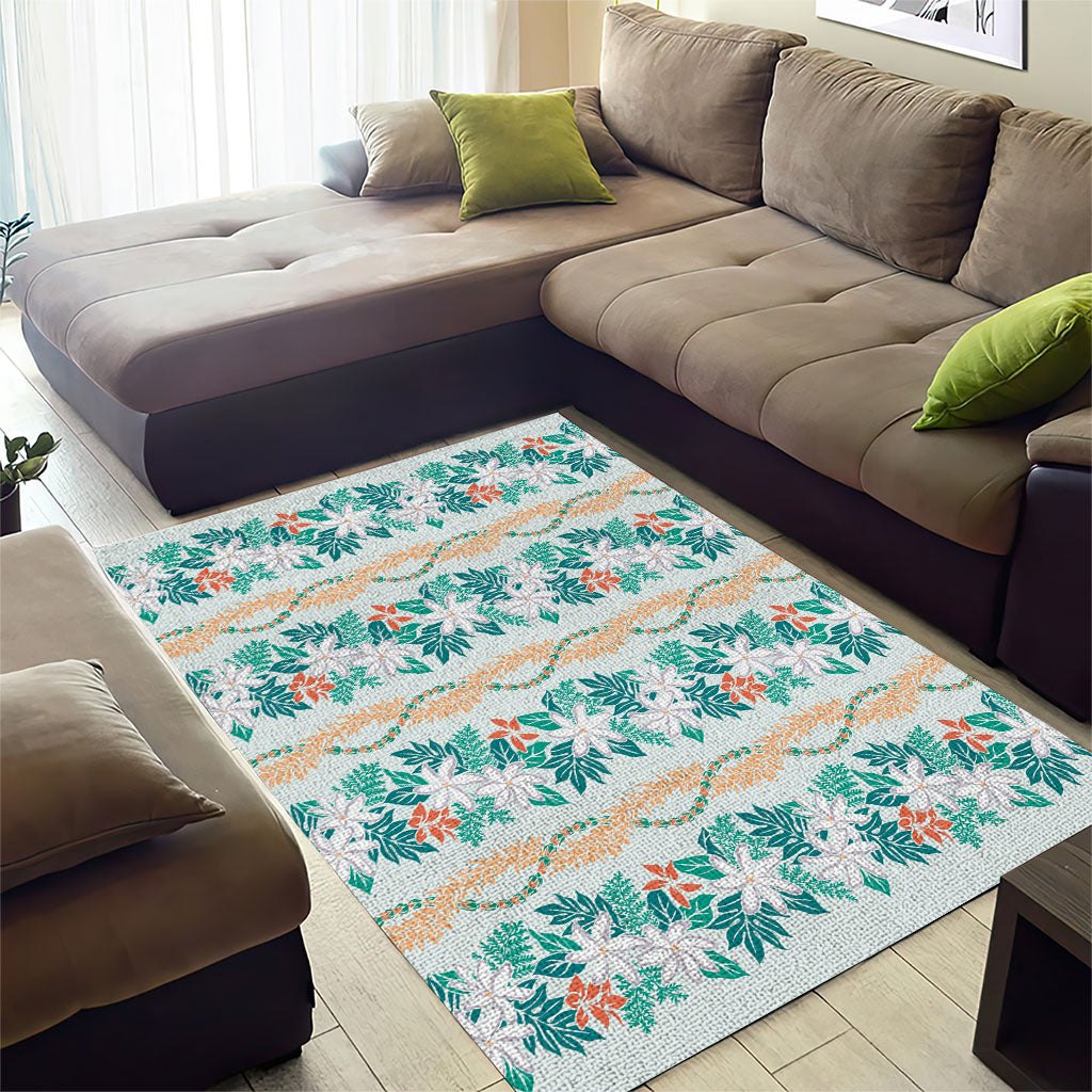Monstera Tiare Plumeria Lei Pattern Area Rug Teal Version