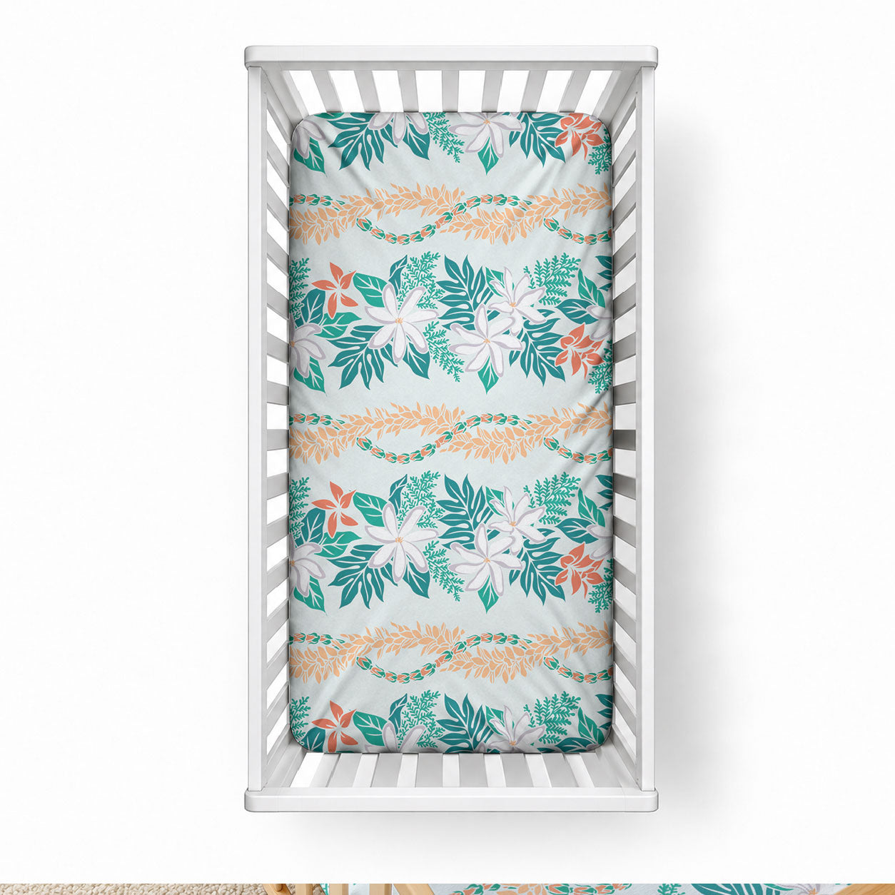 Monstera Tiare Plumeria Lei Pattern Baby Bed Cover Teal Version