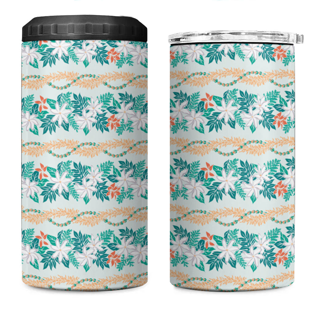 Monstera Tiare Plumeria Lei Pattern 4 in 1 Can Cooler Tumbler Teal Version LT01 One Size: 16 oz Teal - Polynesian Pride