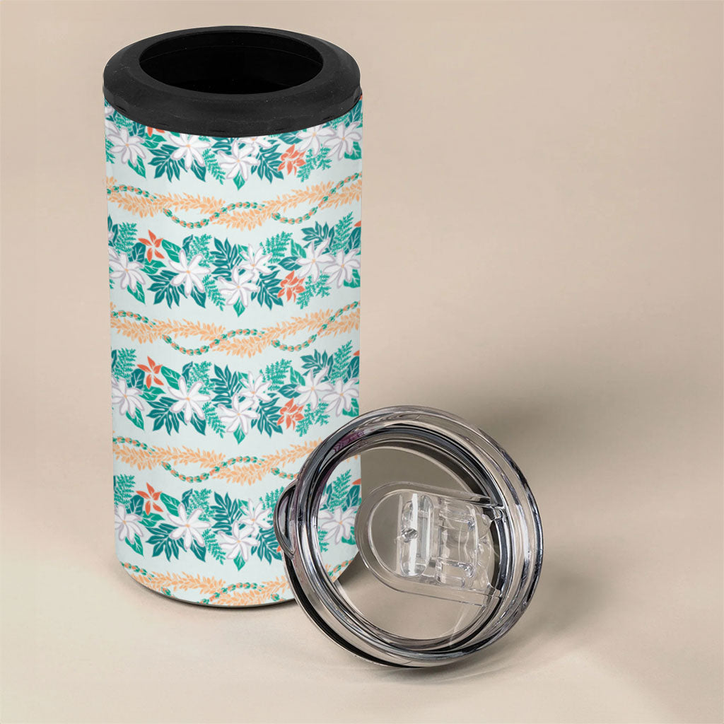 Monstera Tiare Plumeria Lei Pattern 4 in 1 Can Cooler Tumbler Teal Version LT01 - Polynesian Pride