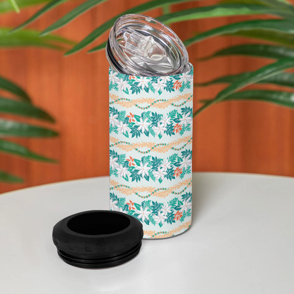 Monstera Tiare Plumeria Lei Pattern 4 in 1 Can Cooler Tumbler Teal Version LT01 - Polynesian Pride