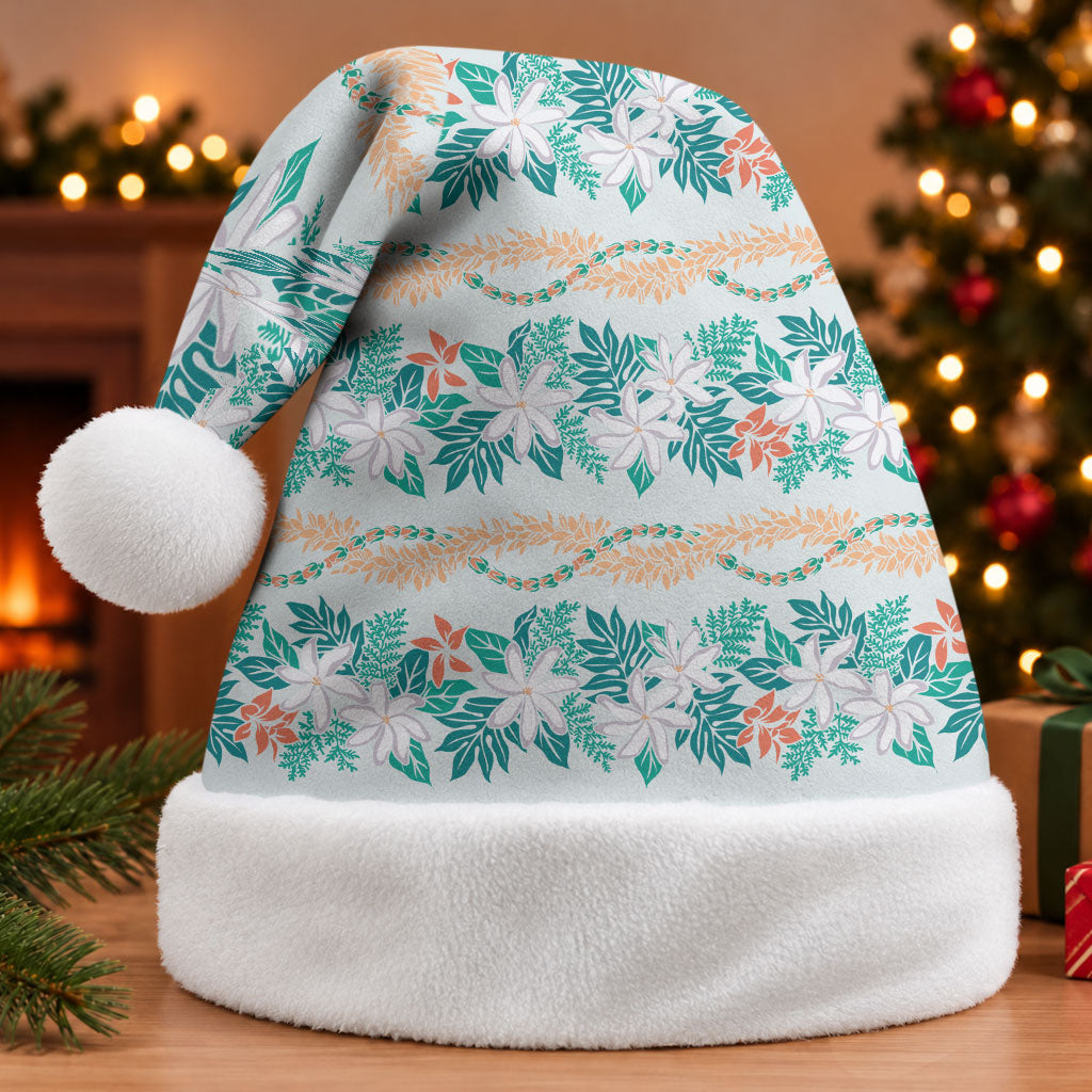 Monstera Tiare Plumeria Lei Pattern Christmas Santa Hat Teal Version LT01 Without Fur Teal - Polynesian Pride