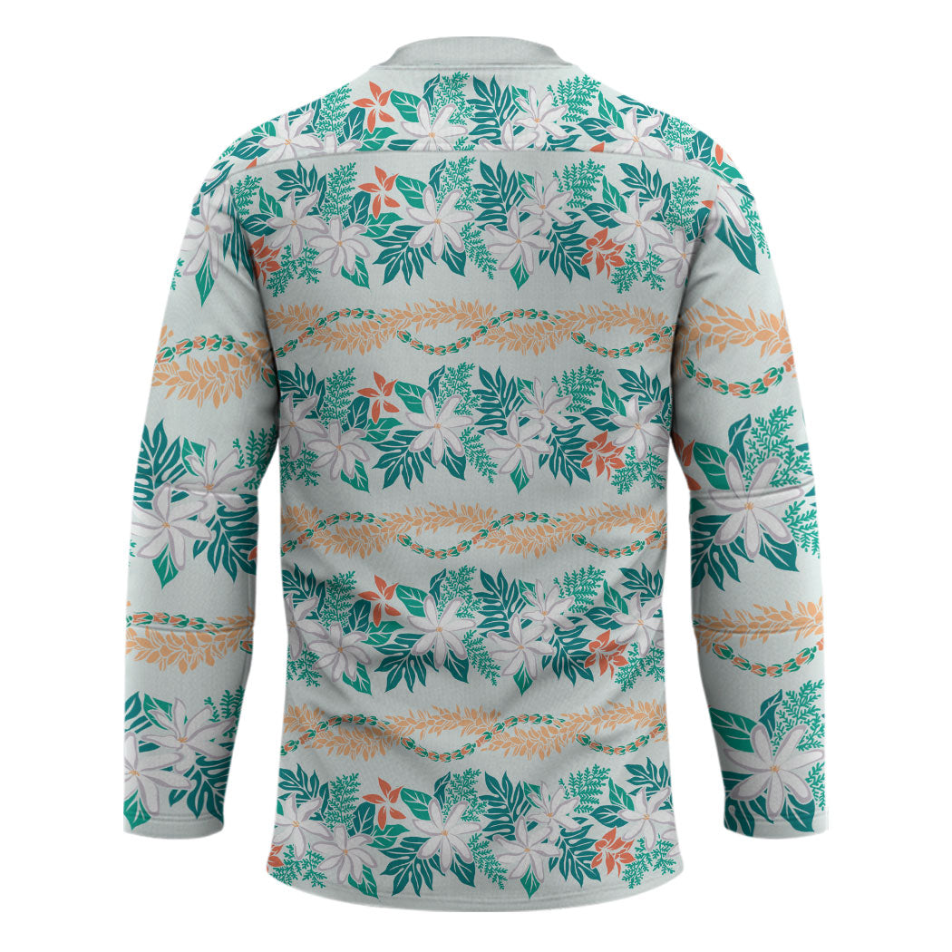 Monstera Tiare Plumeria Lei Pattern Hockey Jersey Teal Version LT01 - Polynesian Pride
