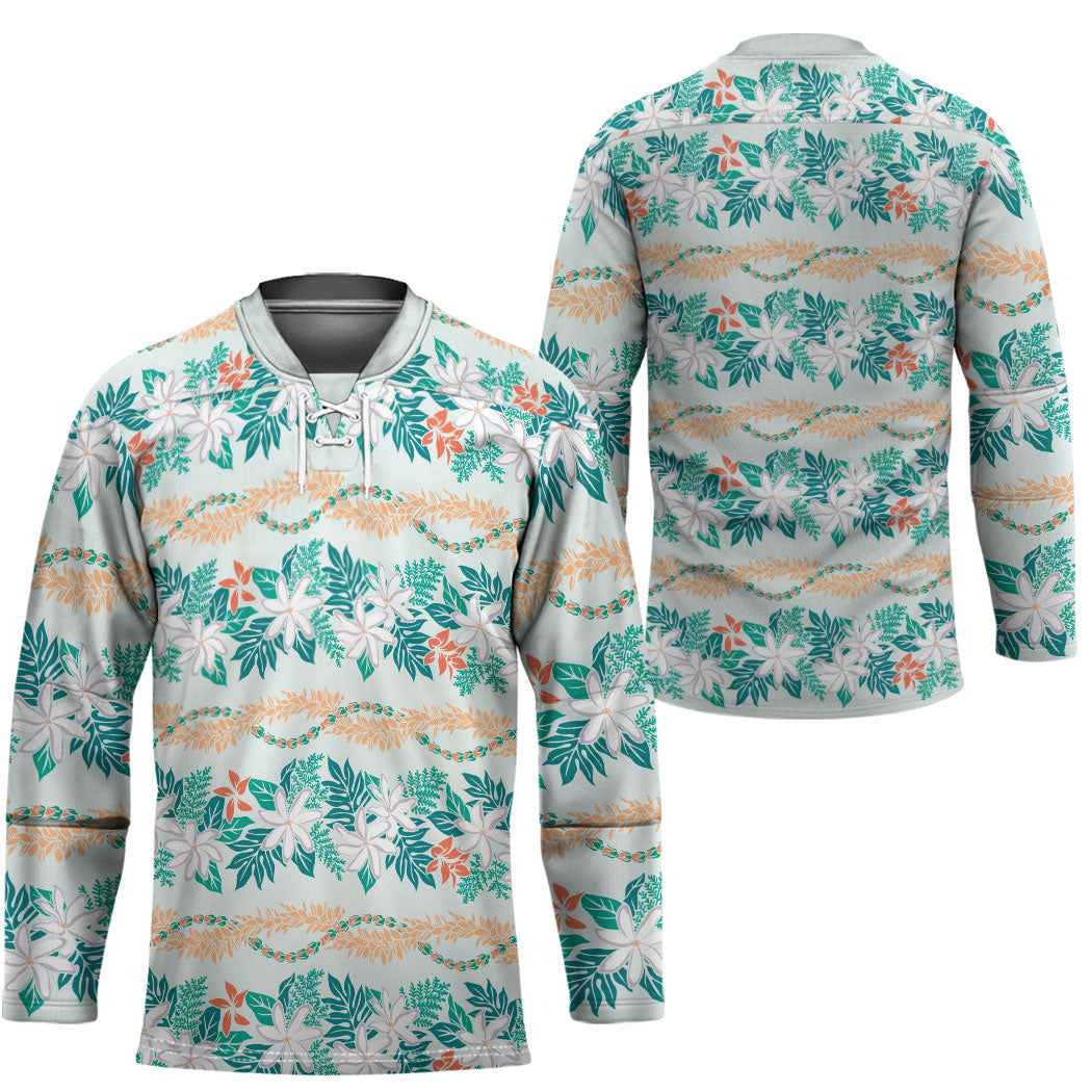 Monstera Tiare Plumeria Lei Pattern Hockey Jersey Teal Version LT01 - Polynesian Pride