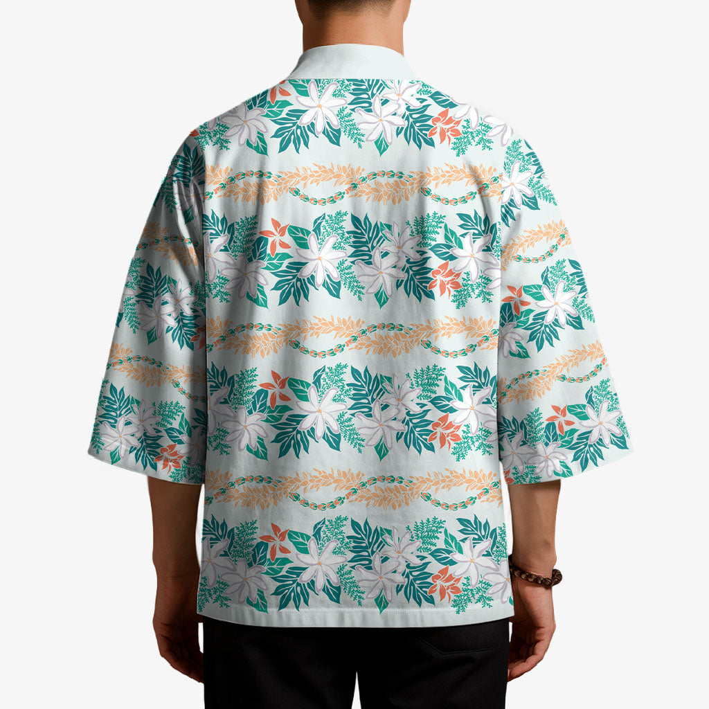 Monstera Tiare Plumeria Lei Pattern Kimono Teal Version LT01 - Polynesian Pride