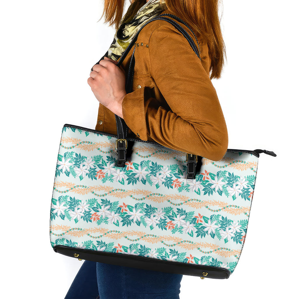 Monstera Tiare Plumeria Lei Pattern Leather Tote Bag Teal Version LT01 Teal - Polynesian Pride