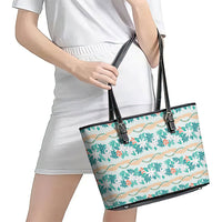Monstera Tiare Plumeria Lei Pattern Leather Tote Bag Teal Version LT01 - Polynesian Pride