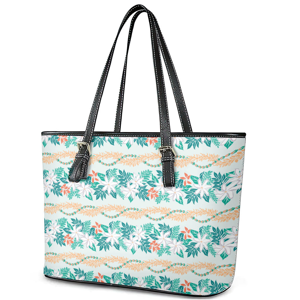 Monstera Tiare Plumeria Lei Pattern Leather Tote Bag Teal Version LT01 - Polynesian Pride