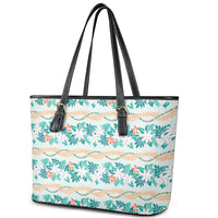 Monstera Tiare Plumeria Lei Pattern Leather Tote Bag Teal Version LT01 - Polynesian Pride