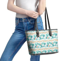 Monstera Tiare Plumeria Lei Pattern Leather Tote Bag Teal Version LT01 - Polynesian Pride