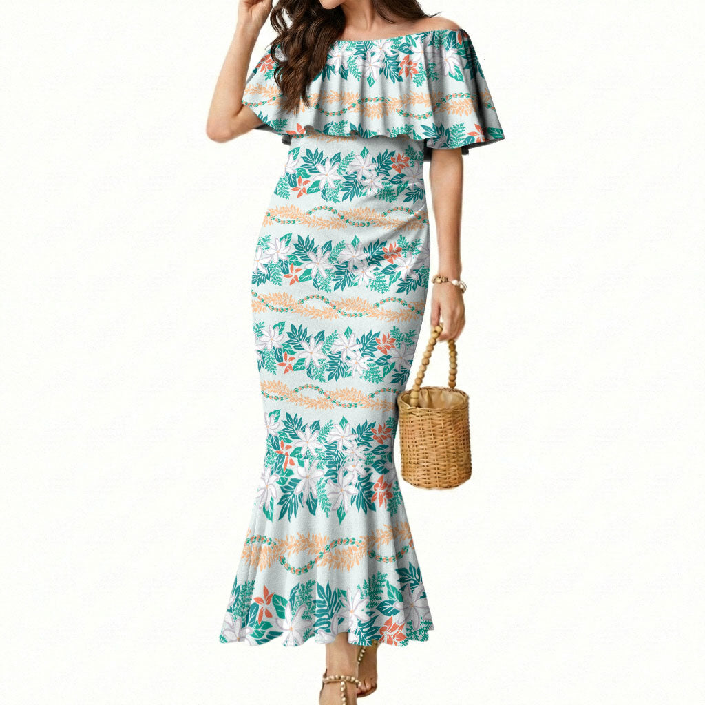 Monstera Tiare Plumeria Lei Pattern Mermaid Dress Teal Version LT01 Women Teal - Polynesian Pride