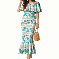 Monstera Tiare Plumeria Lei Pattern Mermaid Dress Teal Version LT01 Women Teal - Polynesian Pride