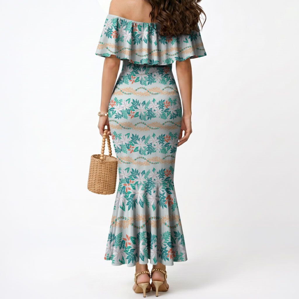 Monstera Tiare Plumeria Lei Pattern Mermaid Dress Teal Version LT01 - Polynesian Pride