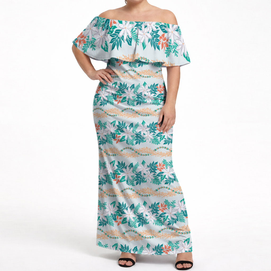 Monstera Tiare Plumeria Lei Pattern Off Shoulder Maxi Dress Teal Version LT01 Women Teal - Polynesian Pride