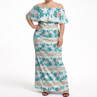 Monstera Tiare Plumeria Lei Pattern Off Shoulder Maxi Dress Teal Version LT01 Women Teal - Polynesian Pride