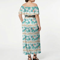 Monstera Tiare Plumeria Lei Pattern Off Shoulder Maxi Dress Teal Version LT01 - Polynesian Pride