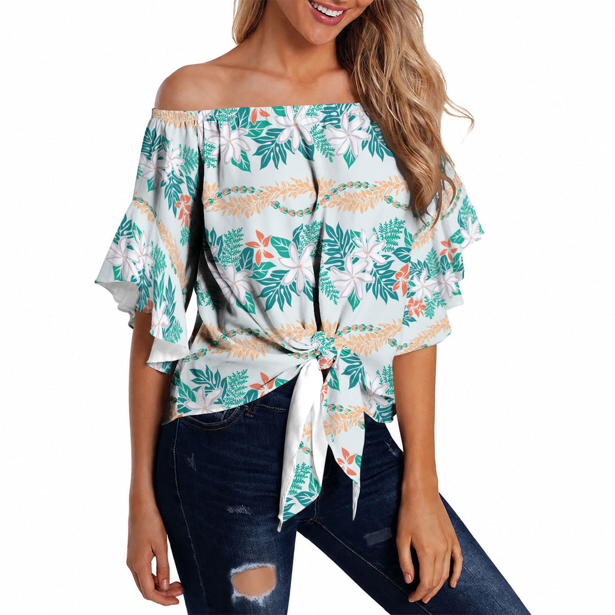 Monstera Tiare Plumeria Lei Pattern Off Shoulder Wrap Waist Top Teal Version