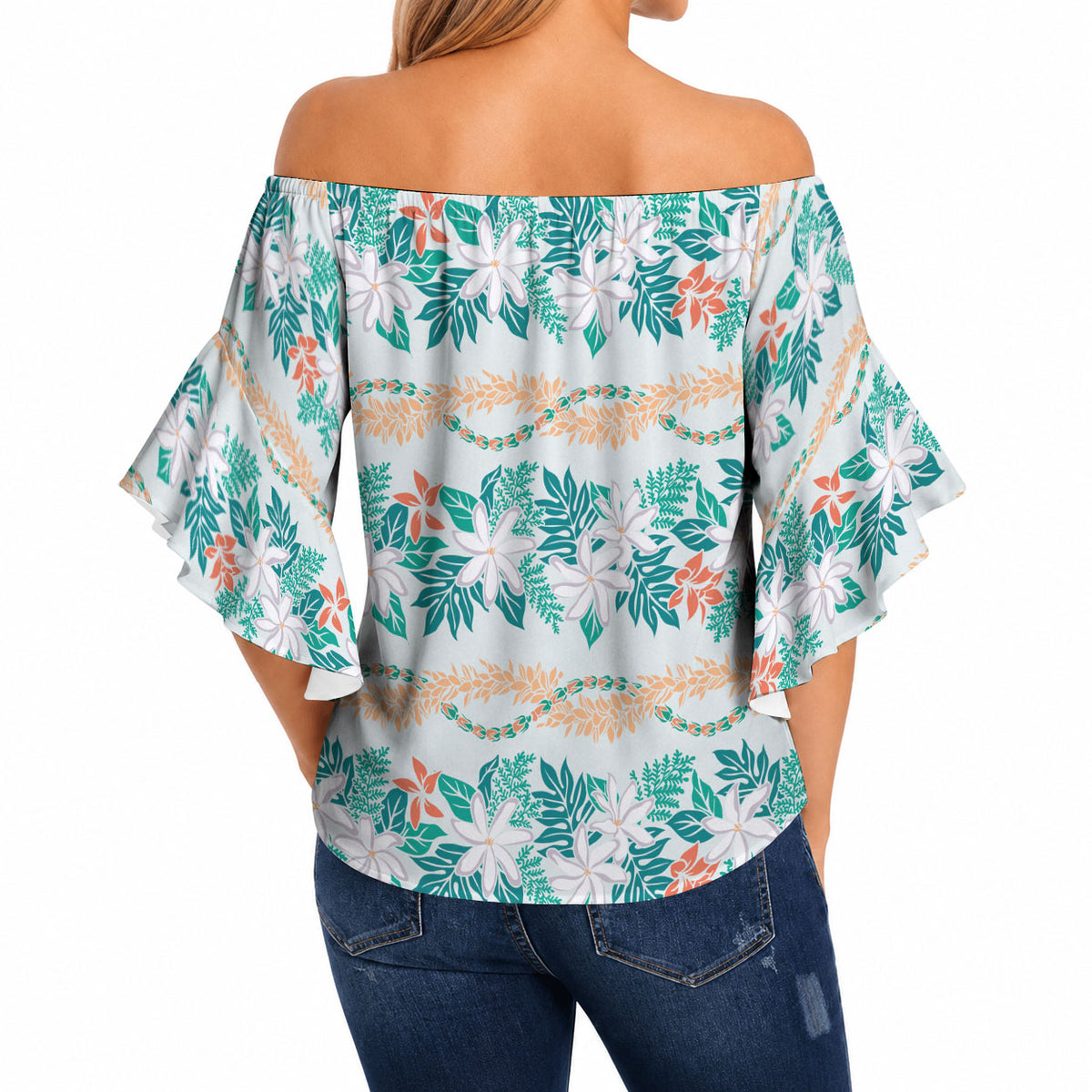 Monstera Tiare Plumeria Lei Pattern Off Shoulder Wrap Waist Top Teal Version
