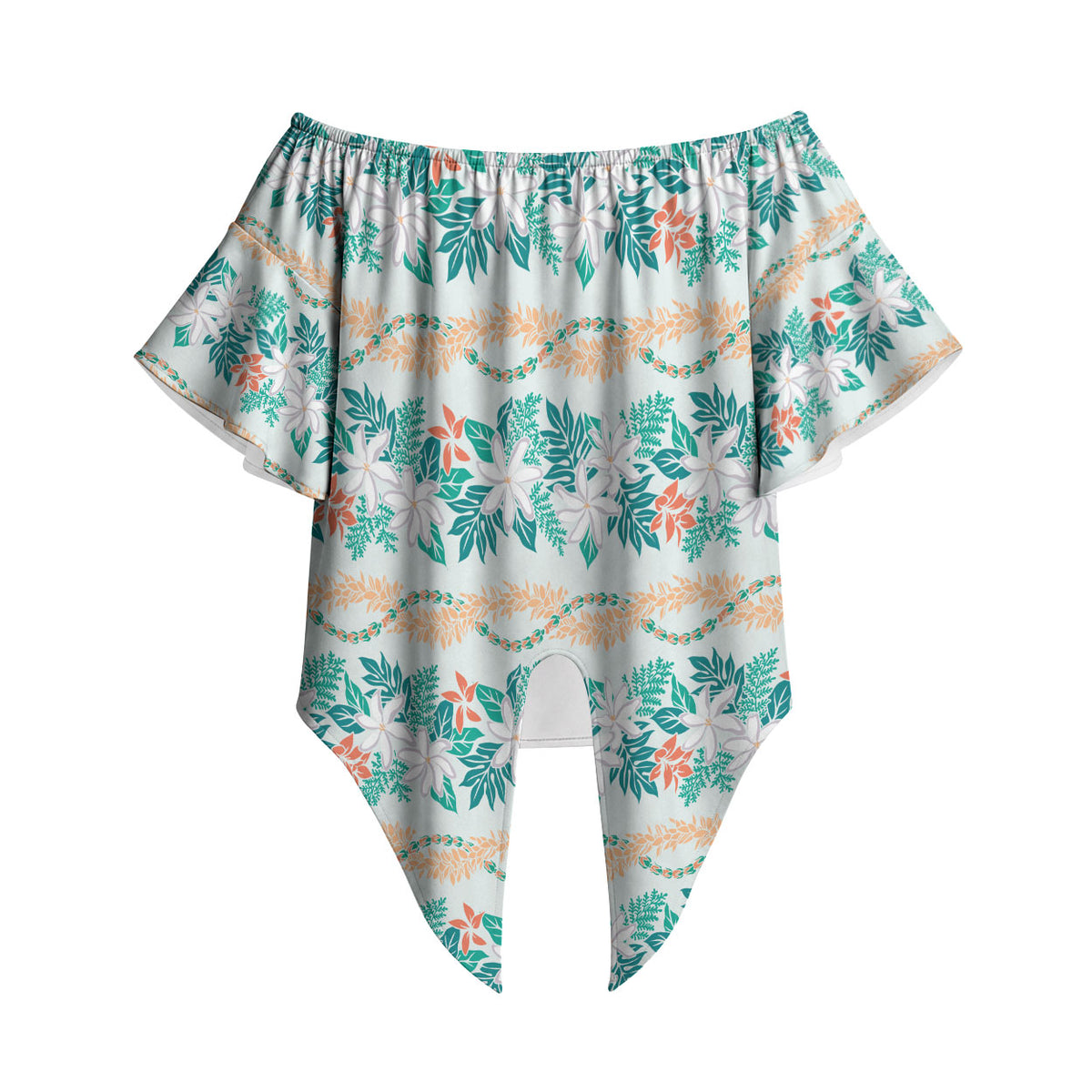 Monstera Tiare Plumeria Lei Pattern Off Shoulder Wrap Waist Top Teal Version