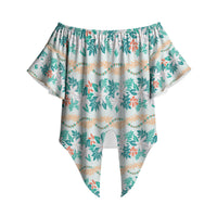 Monstera Tiare Plumeria Lei Pattern Off Shoulder Wrap Waist Top Teal Version