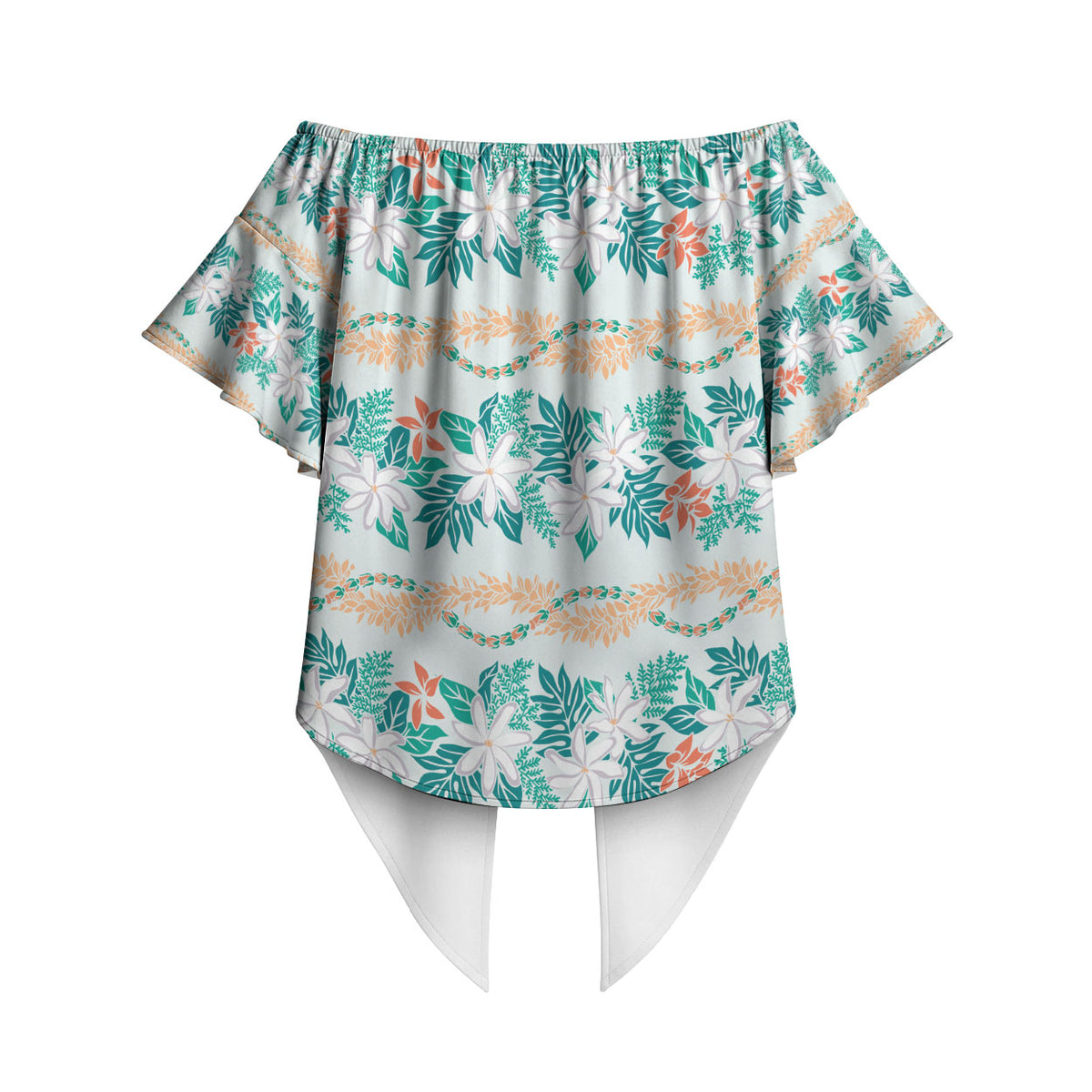 Monstera Tiare Plumeria Lei Pattern Off Shoulder Wrap Waist Top Teal Version