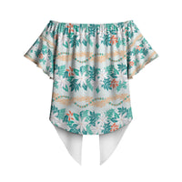Monstera Tiare Plumeria Lei Pattern Off Shoulder Wrap Waist Top Teal Version