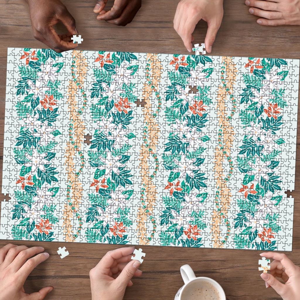 Monstera Tiare Plumeria Lei Pattern Puzzle Teal Version LT01 - Polynesian Pride