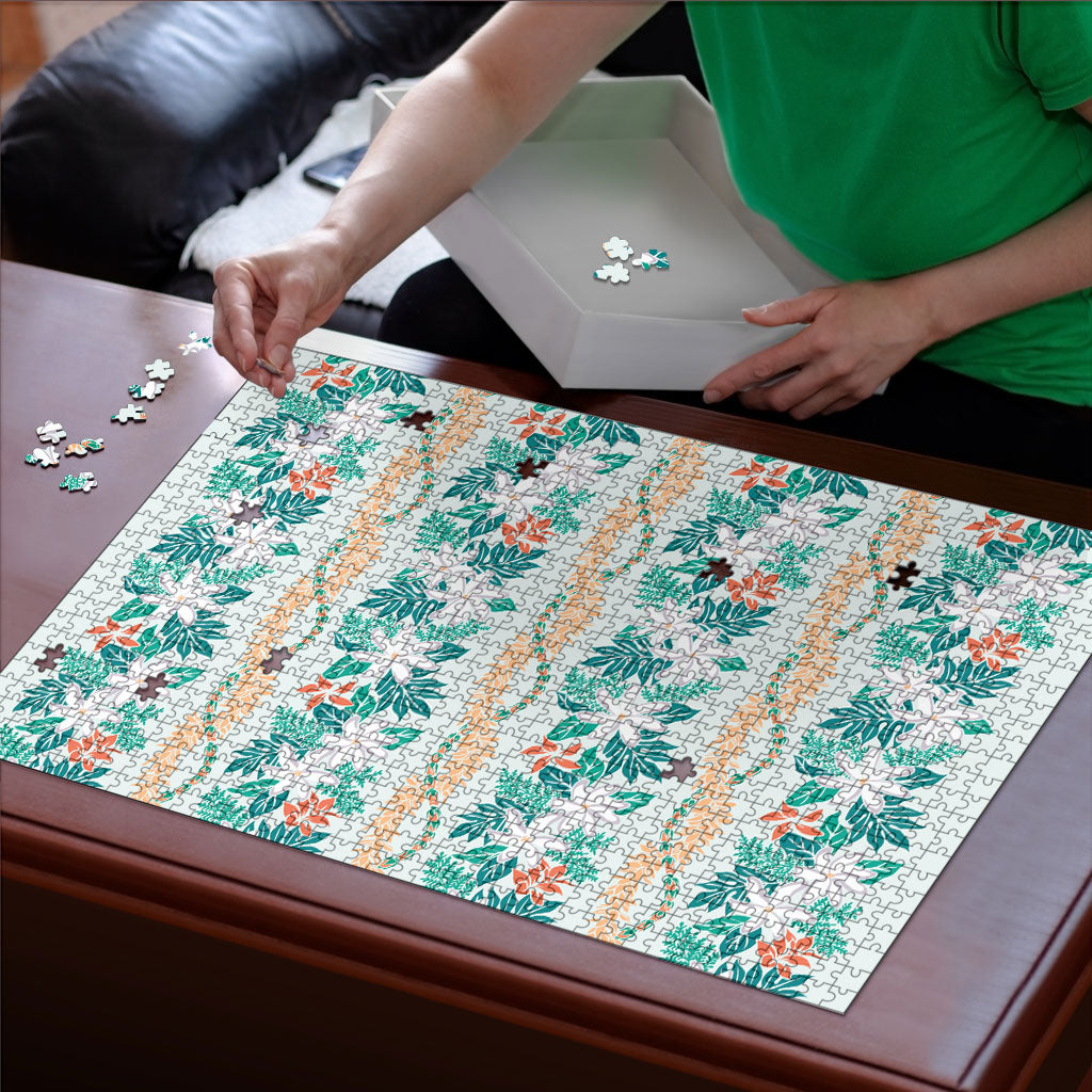 Monstera Tiare Plumeria Lei Pattern Puzzle Teal Version LT01 - Polynesian Pride