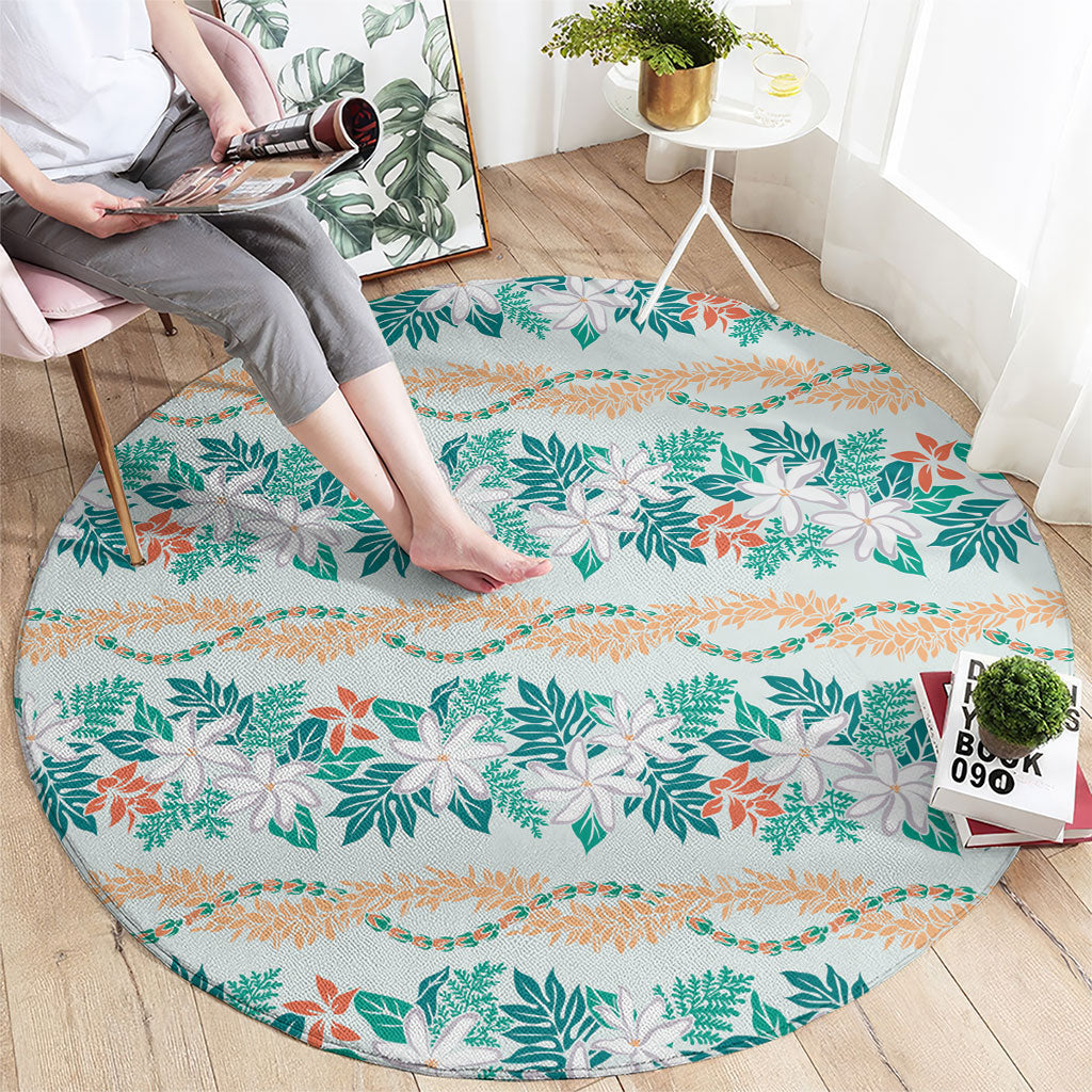 Monstera Tiare Plumeria Lei Pattern Round Carpet Teal Version LT01 - Polynesian Pride