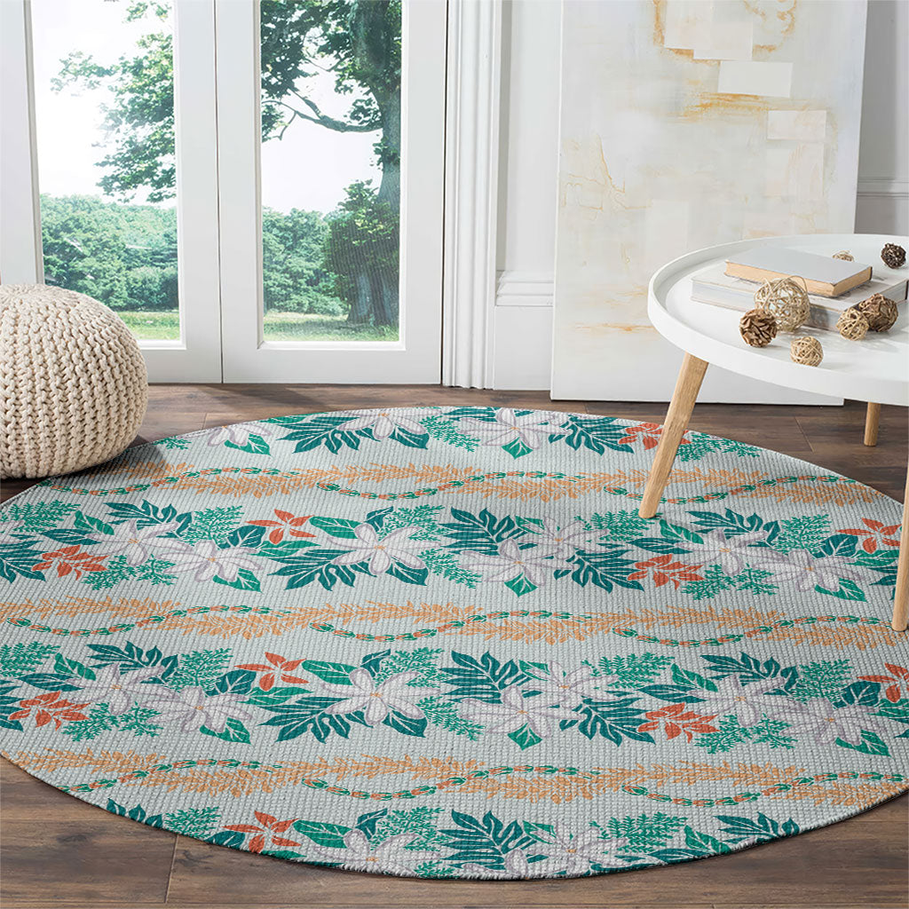 Monstera Tiare Plumeria Lei Pattern Round Carpet Teal Version LT01 - Polynesian Pride