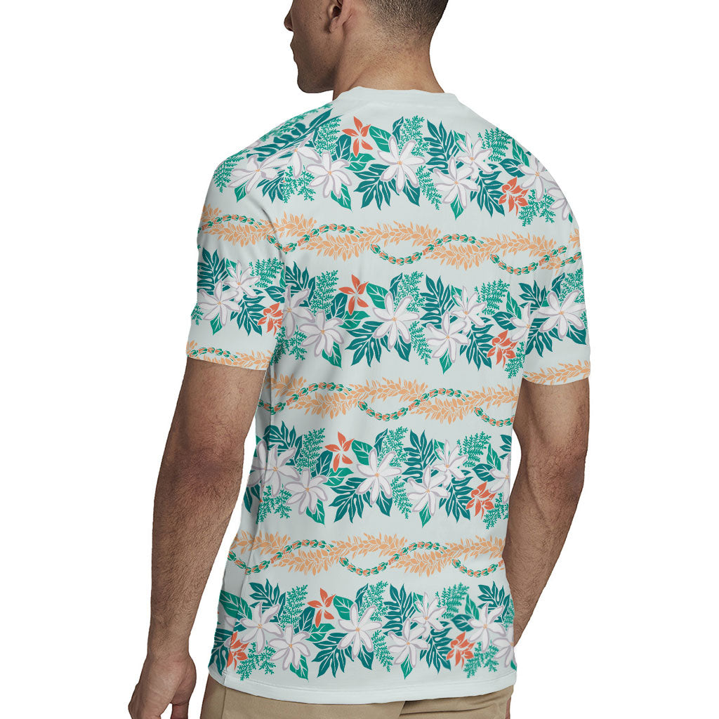 Monstera Tiare Plumeria Lei Pattern Rugby Jersey Teal Version LT01 - Polynesian Pride