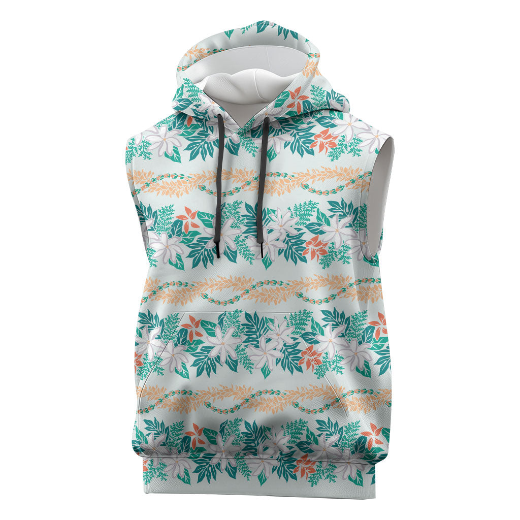 Monstera Tiare Plumeria Lei Pattern Sleeveless Hoodie Teal Version LT01 Teal - Polynesian Pride