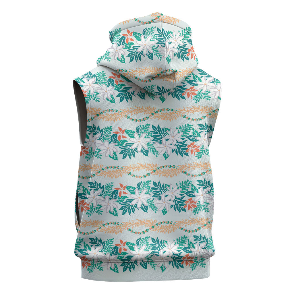 Monstera Tiare Plumeria Lei Pattern Sleeveless Hoodie Teal Version LT01 - Polynesian Pride