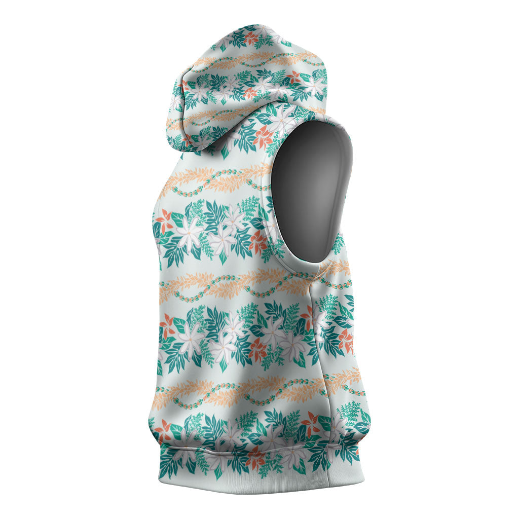 Monstera Tiare Plumeria Lei Pattern Sleeveless Hoodie Teal Version LT01 - Polynesian Pride