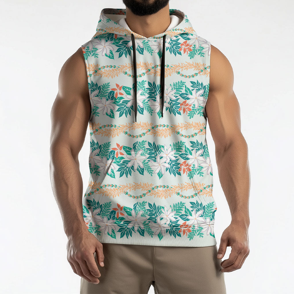 Monstera Tiare Plumeria Lei Pattern Sleeveless Hoodie Teal Version LT01 - Polynesian Pride