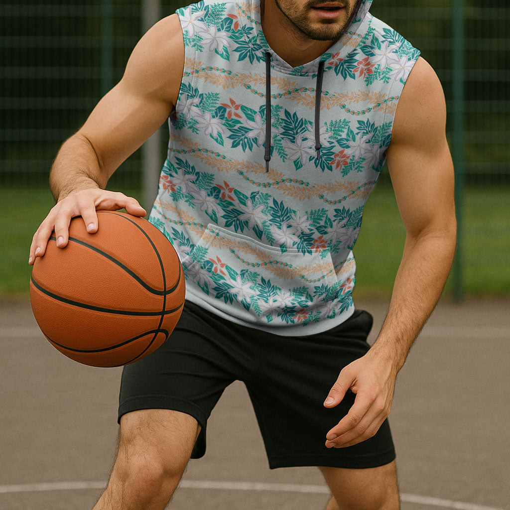 Monstera Tiare Plumeria Lei Pattern Sleeveless Hoodie Teal Version LT01 - Polynesian Pride