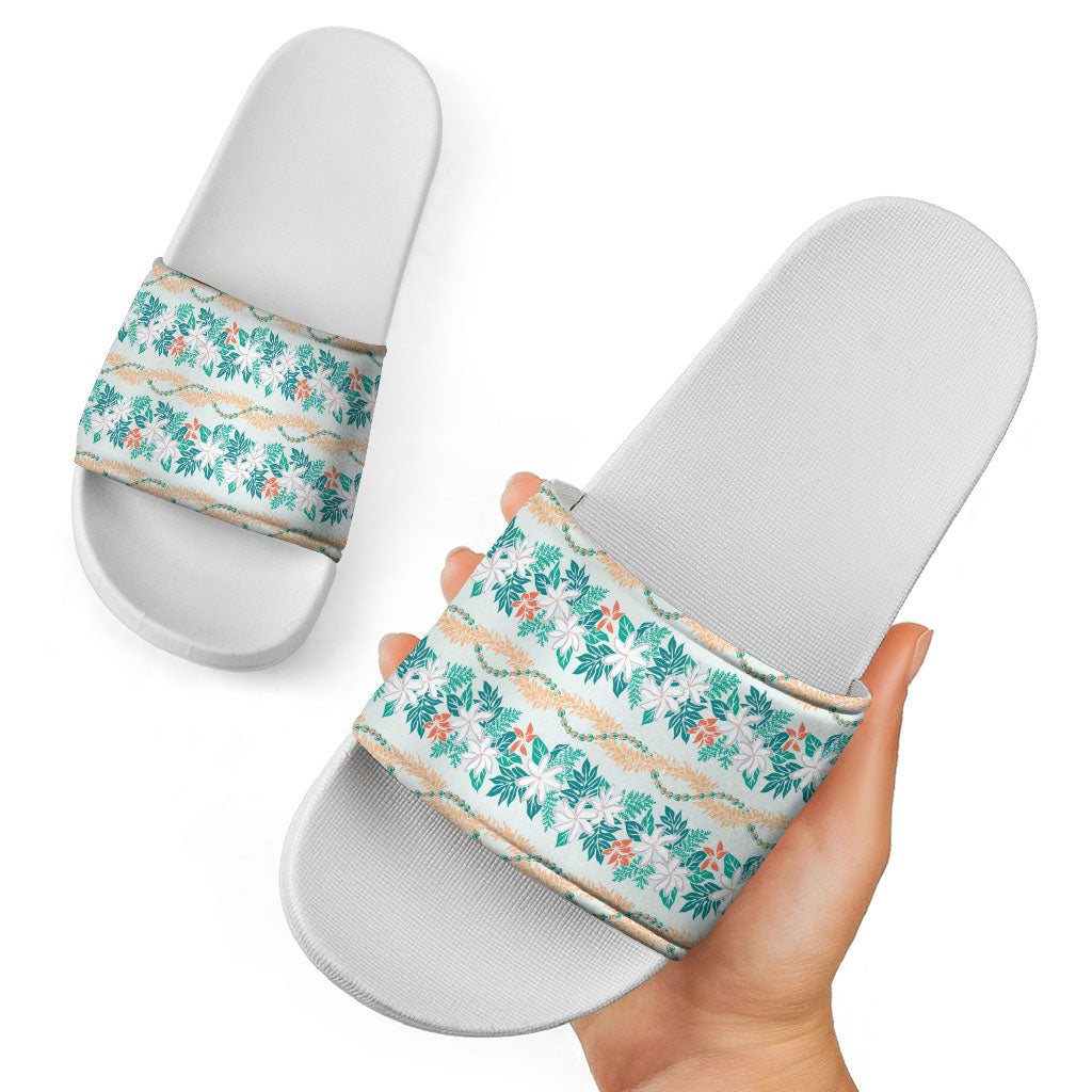 Monstera Tiare Plumeria Lei Pattern Slide Sandals Teal Version