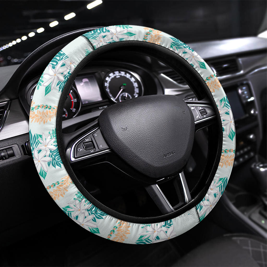 Monstera Tiare Plumeria Lei Pattern Steering Wheel Cover Teal Version LT01 Universal Fit Teal - Polynesian Pride