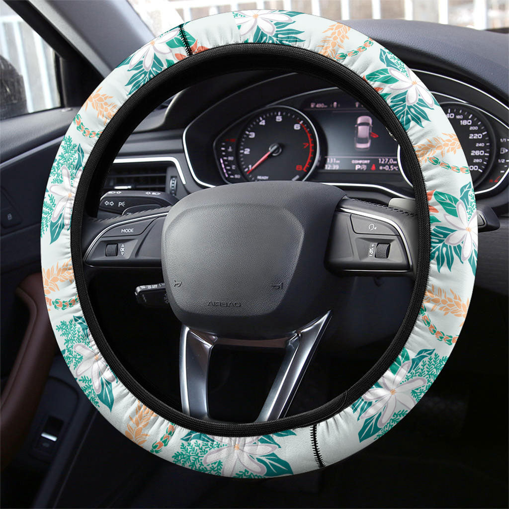 Monstera Tiare Plumeria Lei Pattern Steering Wheel Cover Teal Version LT01 - Polynesian Pride