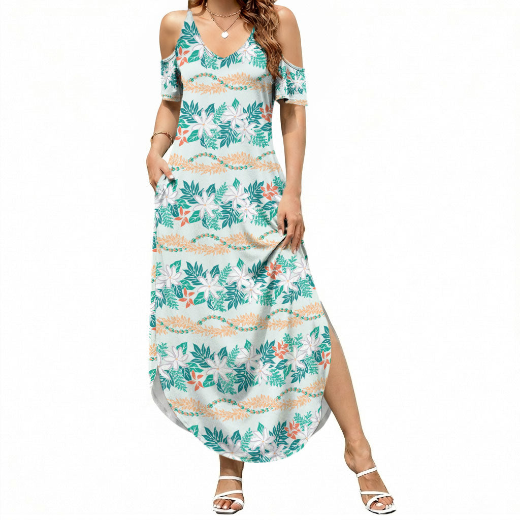 Monstera Tiare Plumeria Lei Pattern Summer Maxi Dress Teal Version