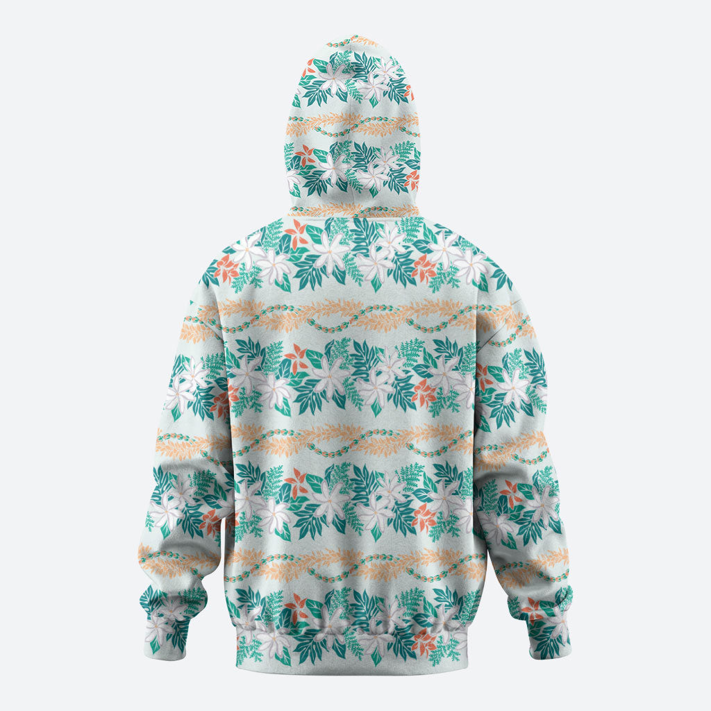 Monstera Tiare Plumeria Lei Pattern Zip Hoodie Teal Version LT01 - Polynesian Pride