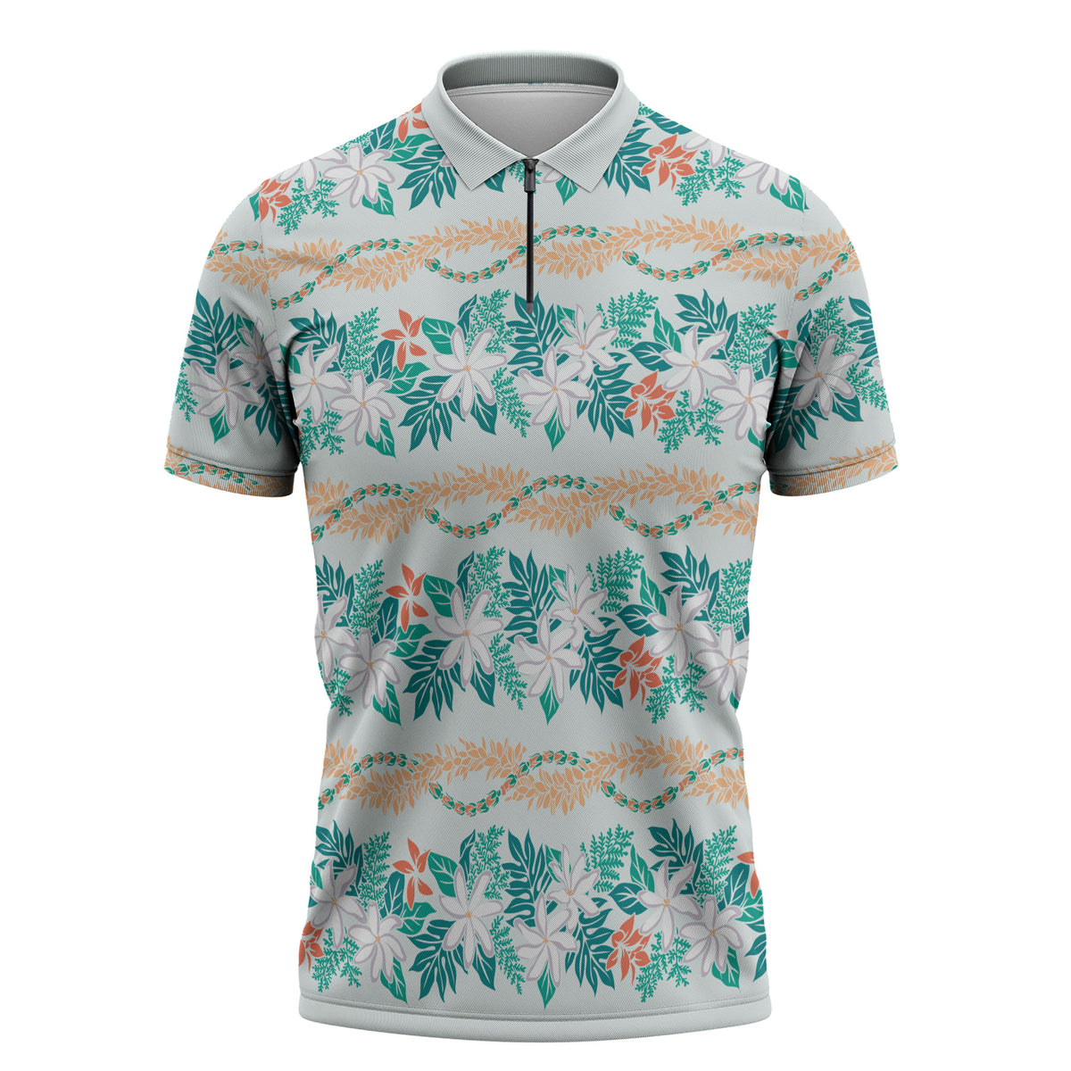 Monstera Tiare Plumeria Lei Pattern Zipper Polo Shirt Teal Version LT01 Teal - Polynesian Pride