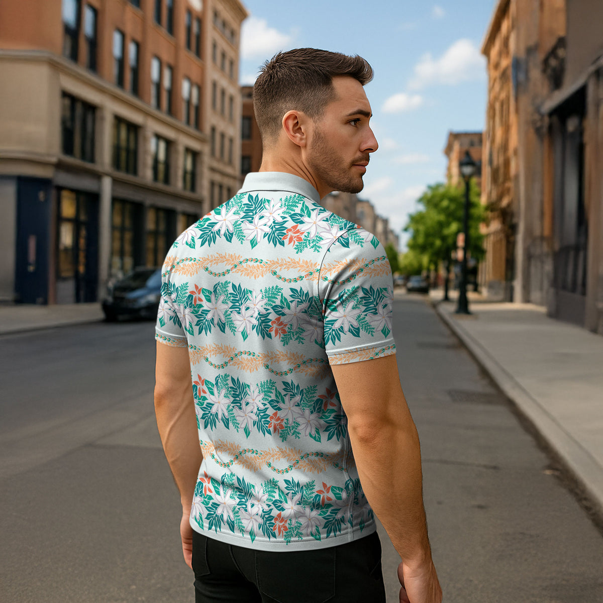 Monstera Tiare Plumeria Lei Pattern Zipper Polo Shirt Teal Version LT01 - Polynesian Pride