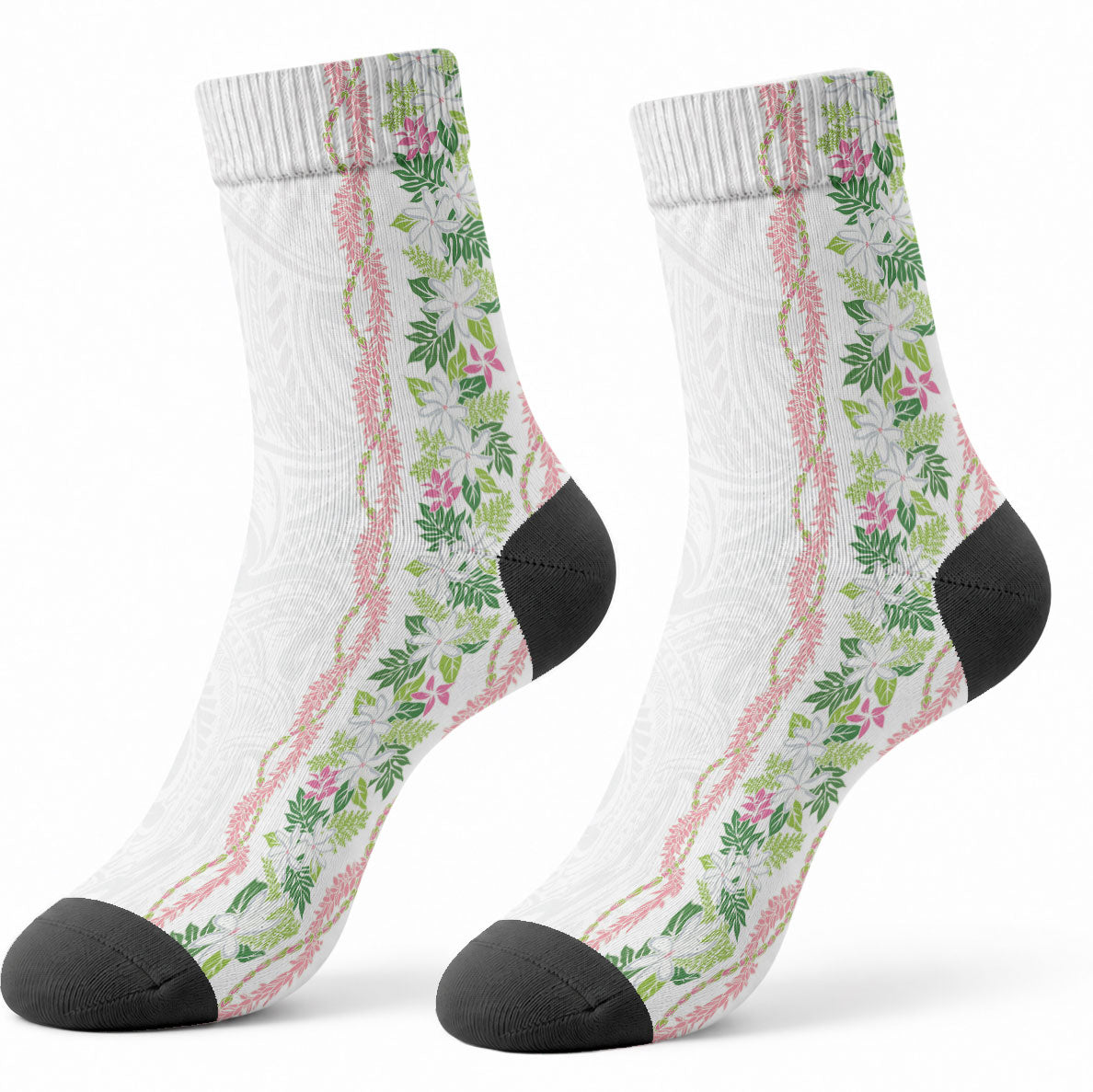 Monstera Tiare Plumeria Crew Socks Green Polynesian Pattern