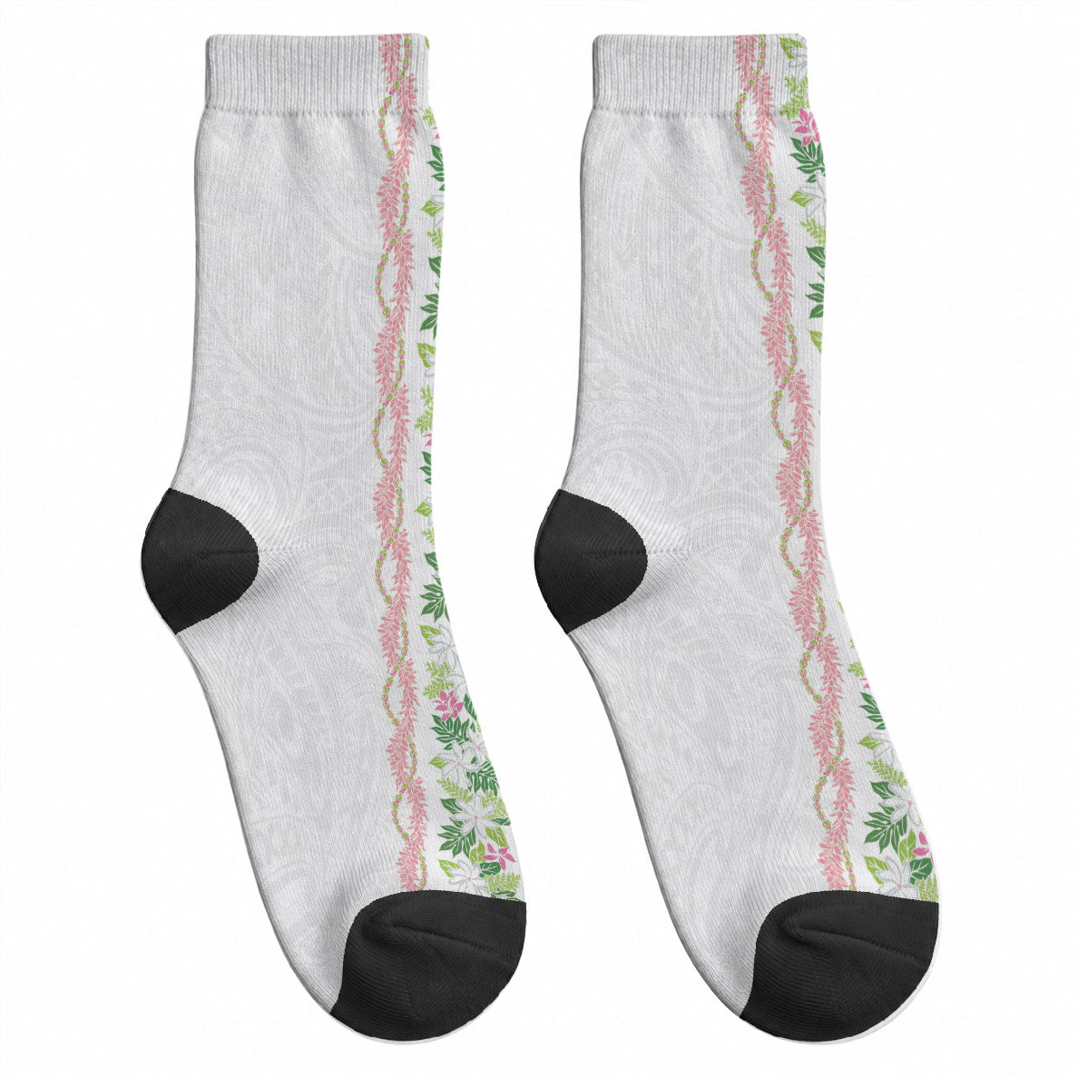 Monstera Tiare Plumeria Crew Socks Green Polynesian Pattern