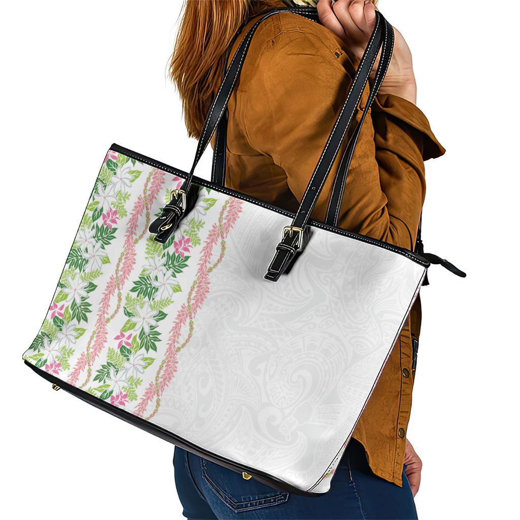 Monstera Tiare Plumeria Leather Tote Bag Green Polynesian Pattern LT01 - Polynesian Pride