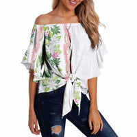 Monstera Tiare Plumeria Off Shoulder Wrap Waist Top Green Polynesian Pattern LT01 Green - Polynesian Pride