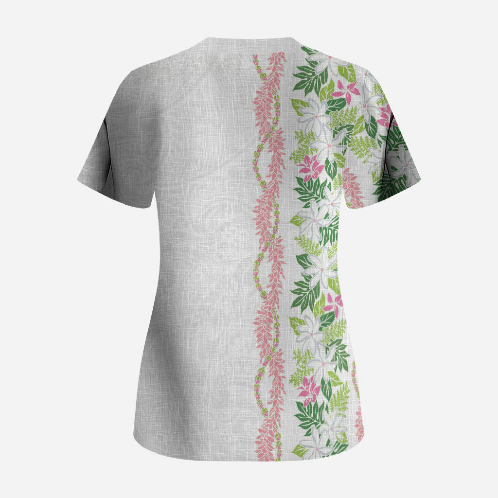 Monstera Tiare Plumeria Scrub Top Green Polynesian Pattern LT01 - Polynesian Pride