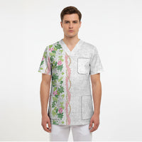 Monstera Tiare Plumeria Scrub Top Green Polynesian Pattern LT01 - Polynesian Pride